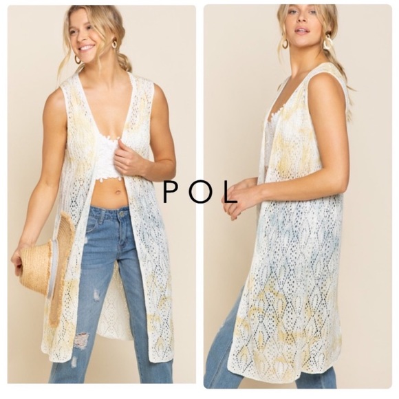 POL LEMON CLOUD OPEN WEAVE SLEEVELESS DUSTER KIMONO VEST - Picture 3 of 10